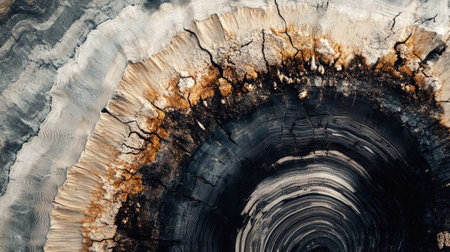 A captivating close-up of a tree trunk cross section, showcasing intricate wood textures and growth rings. The natural colors and patterns highlight the beauty of organic forms.の素材