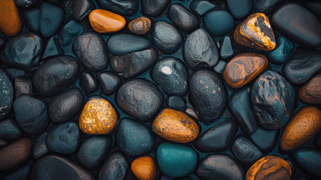 A stunning close-up view of smooth, natural pebbles in various colors. This image showcases the intricate textures and patterns found in nature, perfect for various creative projects.の素材