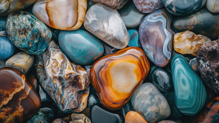 Explore a close-up view of smooth assorted pebbles showcasing vibrant colors and intricate textures, perfect for nature-inspired designs and backgrounds.の素材