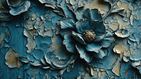 A detailed close-up of a weathered wall adorned with a beautifully carved floral design. The unique textures and colors evoke a sense of vintage charm.の素材