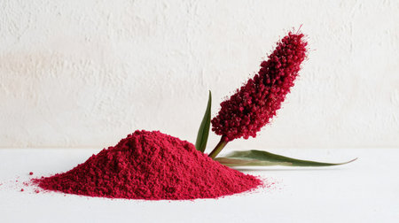 This close-up image features vibrant red amaranth powder alongside its striking bloom. The natural aesthetics highlight its culinary and health benefits.の素材