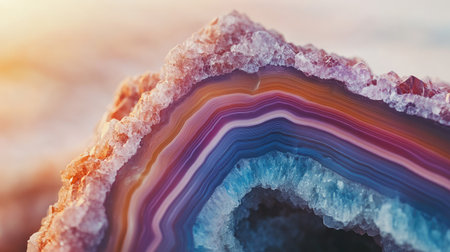 Discover a stunning close-up view of a colorful agate geode, showcasing intricate layers and vibrant hues. This captivating gemstone reveals nature's beauty in detail.の素材