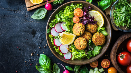 A vibrant falafel platter featuring crispy falafel balls on a bed of fresh greens, garnished with lemon slices and colorful vegetables. Perfect for healthy meals.の素材