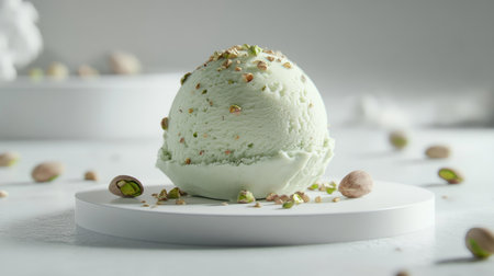 A delightful scoop of creamy pistachio ice cream topped with crushed nuts, elegantly presented on a minimalist plate. Perfect for food lovers and dessert enthusiasts.の素材