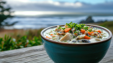 A vibrant bowl of clam chowder filled with fresh ingredients, placed outdoors with a scenic ocean view. Perfect for showcasing coastal cuisine.の素材