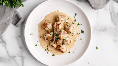 An overhead shot of Swedish meatballs served with a creamy sauce garnished with parsley, showcasing a delightful culinary experience perfect for any meal.の素材