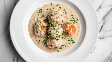 Enjoy these delightful Swedish meatballs served in a creamy sauce, garnished with fresh herbs. A perfect dish for comfort meals or gatherings.の素材