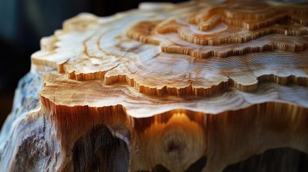 This close-up image showcases the intricate details of a tree trunk slice, highlighting its unique patterns and natural textures in a stunning display of nature's beauty.の素材
