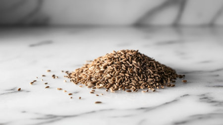 A close-up view of a small mound of cumin seeds resting on a marble surface, highlighting its natural texture and rich brown color, perfect for culinary use.の素材
