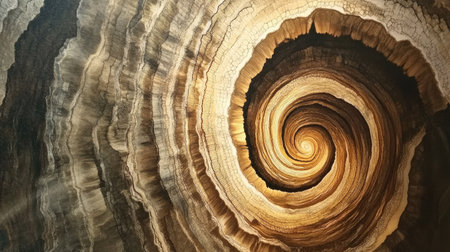 This high-detail close-up showcases the intricate patterns of tree rings, revealing the natural spiral formations and textures that reflect its age and growth.の素材