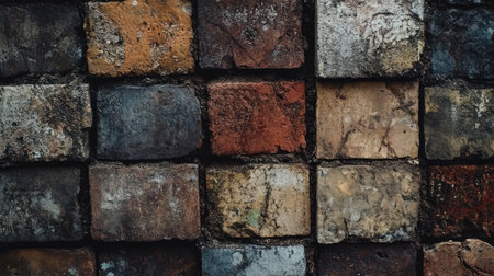 A high-resolution image showcasing a textured brick wall with a variety of colors and ages. The detailed view reveals the unique patterns and rustic charm of the masonry.の素材