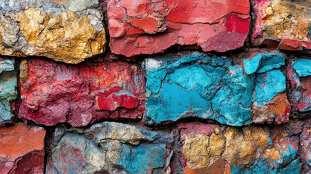 A vibrant close-up image of a colorful textured wall featuring various shades of red, blue, and yellow. Perfect for backgrounds or artistic projects.の素材