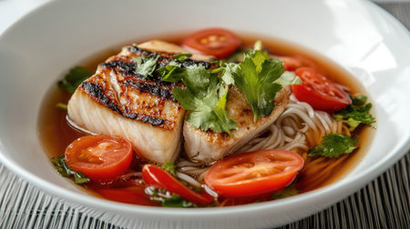 A delicious bowl of Vietnamese noodle soup featuring tender fish, fresh tomatoes, and vibrant herbs, perfect for a comforting meal. Enjoy the rich flavors.の素材