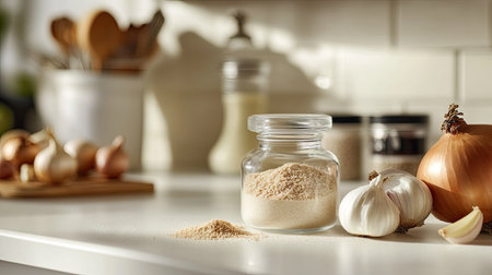 A glass jar filled with onion powder sits on a kitchen counter alongside fresh garlic and onions, capturing the essence of home cooking and culinary preparation.の素材