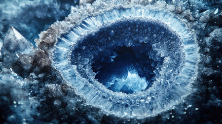Discover a mesmerizing close-up of a geode, showcasing intricate crystal formations and vibrant blue colors, perfect for nature and geology enthusiasts.の素材