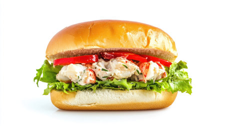Enjoy a close-up view of a mouthwatering lobster roll featuring fresh lettuce, juicy tomatoes, and creamy lobster filling in a soft bun. Perfect for seafood lovers!の素材