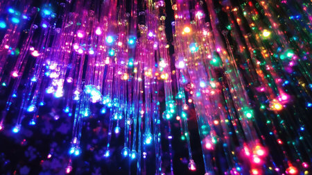 Immerse yourself in a mesmerizing display of glowing fiber lights. This vibrant close-up view showcases magical colors and shimmering textures perfect for festive occasions.の素材