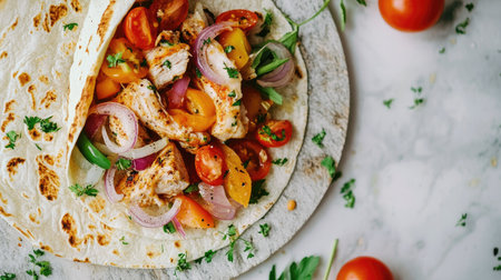 A vibrant wrap featuring grilled chicken and fresh vegetables, perfect for a healthy meal. Ideal for lunch or dinner with a burst of flavors.の素材