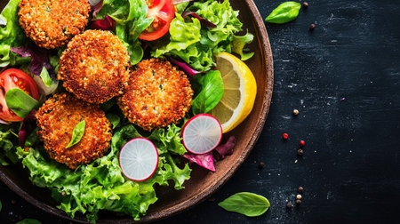 A stunning close-up of crispy falafel nestled on a bed of fresh greens, garnished with vibrant vegetables, perfect for showcasing healthy dining options.の素材