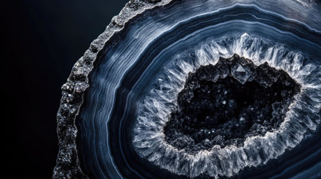 Captivating close-up photograph showcasing the intricate texture and stunning structure of a geode, highlighting its unique layers and crystal formations.の素材