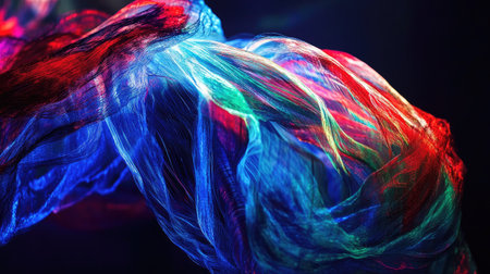 This stunning image showcases vibrant fiber art featuring colorful swirls and intricate patterns, capturing the essence of movement and dynamic beauty.の素材