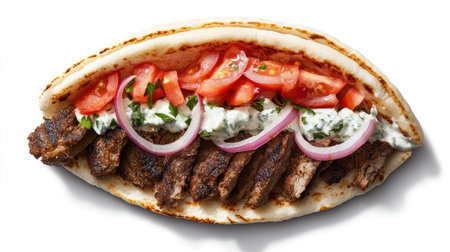 A tantalizing close-up of a pita filled with delicious gyro meat, fresh tomatoes, onions, and a creamy sauce, perfect for any meal or snack.の素材