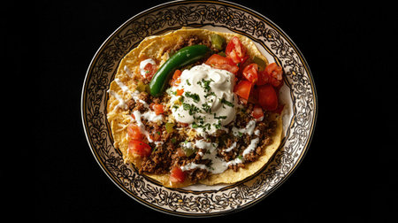 Enjoy a vibrant serving of nachos topped with fresh ingredients like tomatoes, sour cream, and peppers, perfect for sharing at any gathering.の素材