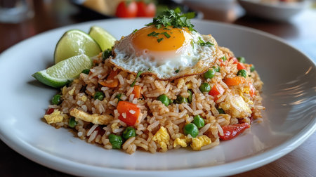 A vibrant plate of fried rice featuring colorful vegetables and a perfectly cooked egg on top. This dish is a delightful mix of flavors and freshness.の素材
