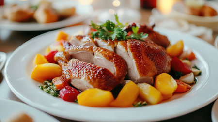 This vibrant presentation of roasted duck highlights the colorful ingredients and gourmet preparation. Perfect for food enthusiasts and culinary presentations.の素材