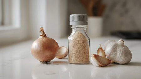 A visually appealing arrangement showcasing onion powder in a bottle alongside fresh onions and garlic cloves, perfect for culinary inspiration and food photography.の素材