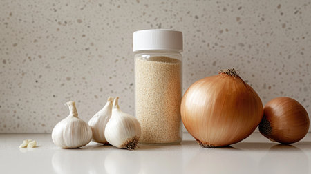 A beautiful arrangement of fresh onions, garlic, and a bottle of spice on a kitchen counter highlights natural ingredients perfect for any culinary creation.の素材