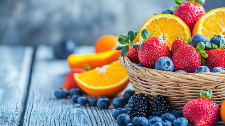 A vibrant arrangement of assorted fresh fruit in a woven basket, showcasing strawberries, blueberries, oranges, and blackberries on a rustic wooden table, perfect for a healthy lifestyle or summer picnic.の素材