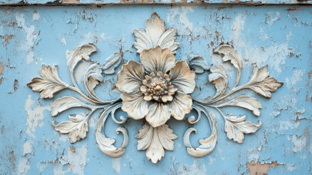 This image showcases a weathered floral decoration on a blue wall. The intricate details and faded colors add a unique vintage charm to the artistic design, perfect for decor inspiration.の素材