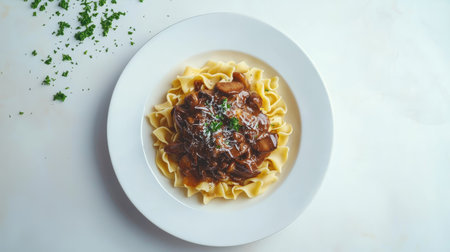 A mouthwatering presentation of beef stroganoff served on noodles, featuring rich sauce and garnished with fresh herbs. Perfect for food enthusiasts!の素材