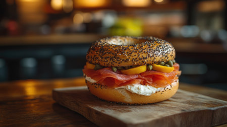 A mouthwatering bagel topped with cream cheese, fresh lox, and colorful ingredients, beautifully displayed on a wooden board. Perfect for brunch or a snack.の素材