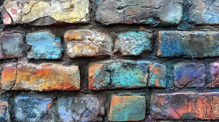 Explore the vibrant and artistic texture of a brick wall, showcasing colorful patterns and details that enhance any creative project or design.の素材
