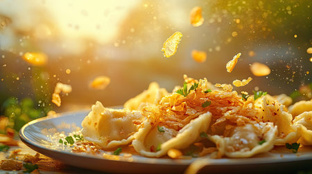 A visually stunning plate of pasta garnished with crispy herbs, captured in warm sunlight. The vibrant colors and textures create an inviting, appetizing presentation perfect for food lovers.の素材