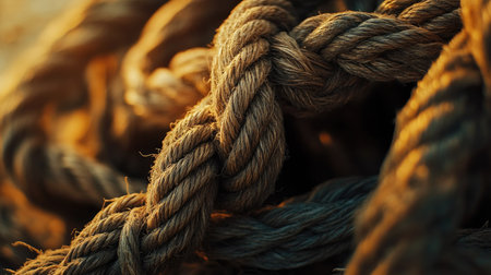 A close-up view showcasing tightly twisted natural rope, highlighting the intricate textures and earthy tones. Ideal for nature and craftsmanship themes.の素材