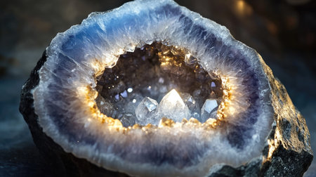 This striking close-up of a geode reveals stunning crystalline formations, showcasing the interplay of light, texture, and natural beauty in geology.の素材