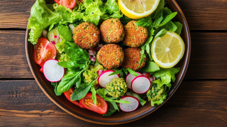 A vibrant salad featuring crispy falafel, fresh greens, and lemon wedges. Perfectly arranged for a healthy and appetizing dining experience.の素材