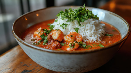 A vibrant bowl of gumbo filled with shrimp and rice, topped with fresh herbs. Ideal for a comforting meal that highlights rich flavors and culinary tradition.の素材