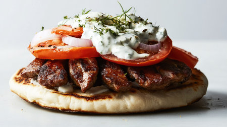 A mouthwatering dish featuring grilled meat layered with fresh tomatoes, onions, and a creamy sauce, served on warm pita bread for a delightful meal.の素材