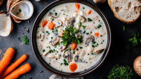 A rich and creamy clam chowder served in a rustic bowl, surrounded by fresh ingredients, ideal for a comforting meal or gourmet dining experience.の素材