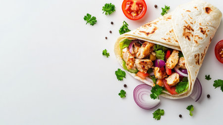 A delicious chicken and vegetable wrap featuring fresh ingredients. Perfect for a healthy meal, this vibrant dish offers a delightful taste experience.の素材