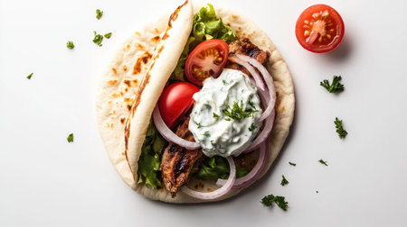 A vibrant pita sandwich filled with grilled meat, fresh vegetables, and sauce, perfect for a healthy meal or snack. Ideal for food lovers and culinary enthusiasts.の素材