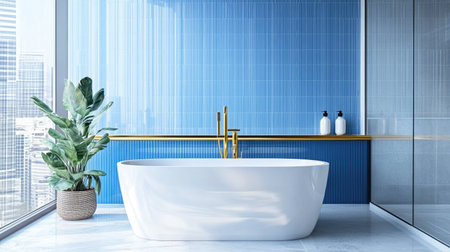 Discover a stylish modern bathroom featuring sleek blue accents and elegant design. A relaxing oasis with natural light and vibrant decor elements.の素材
