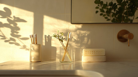 A serene bathroom scene showcasing simple decor elements bathed in natural light. The arrangement of toothbrushes and greenery creates a calming atmosphere.の素材