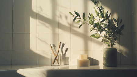 A serene bathroom scene featuring a collection of simple objects illuminated by natural light. Ideal for invoking tranquility and minimalistic design in home decor.の素材