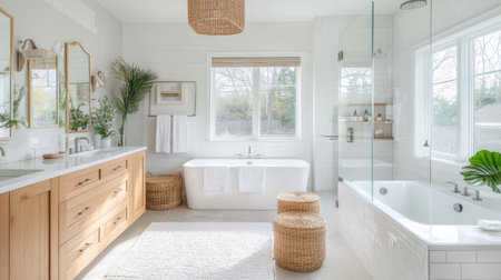 Experience a bright and airy modern bathroom featuring natural light, elegant design, and relaxing ambiance. Ideal for home decor inspiration and wellness.の素材