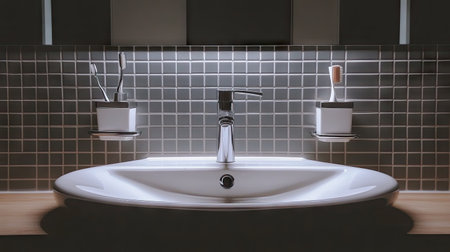 A beautifully designed modern bathroom sink setup featuring wall-mounted accessories, perfect for a chic and serene ambiance in any modern home.の素材